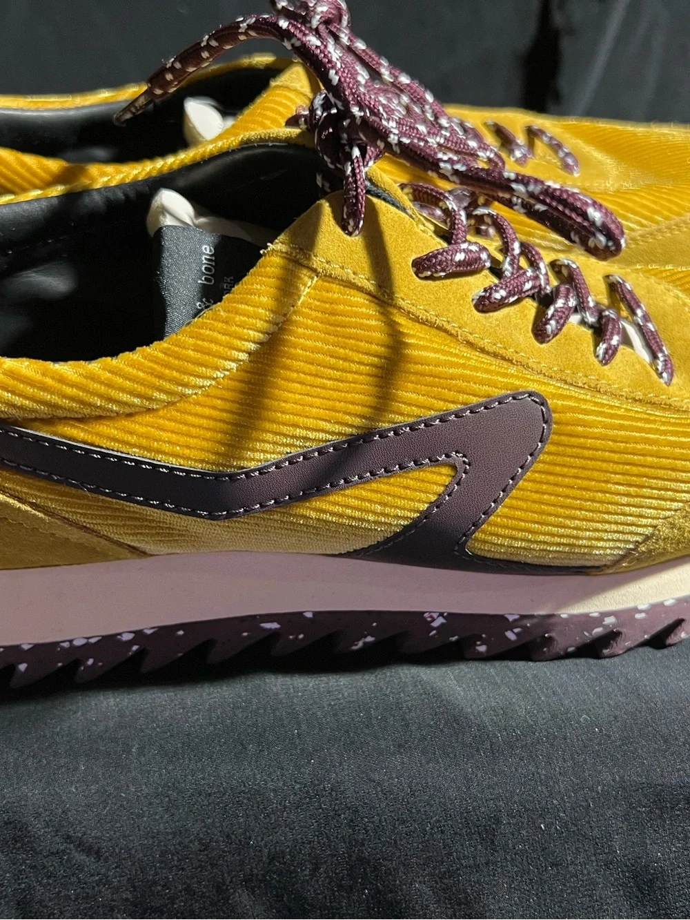rag & bone Mustard Yellow Corduroy Low-Top Sneakers with Maroon Speckled Laces